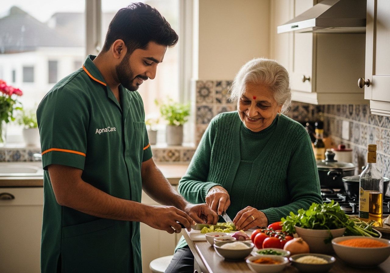 Apna Care carer in branded uniform preparing a traditional meal with an elderly client at home