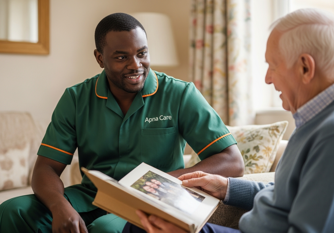 Apna Care carer in branded uniform looking through a family photo album with an elderly client