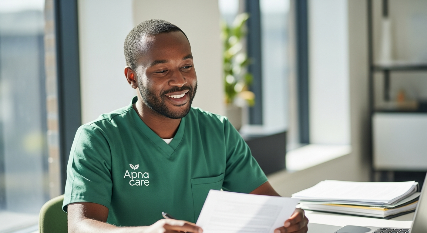 Apna Care recruitment manager in branded uniform reviewing a care worker application in Leicestershire