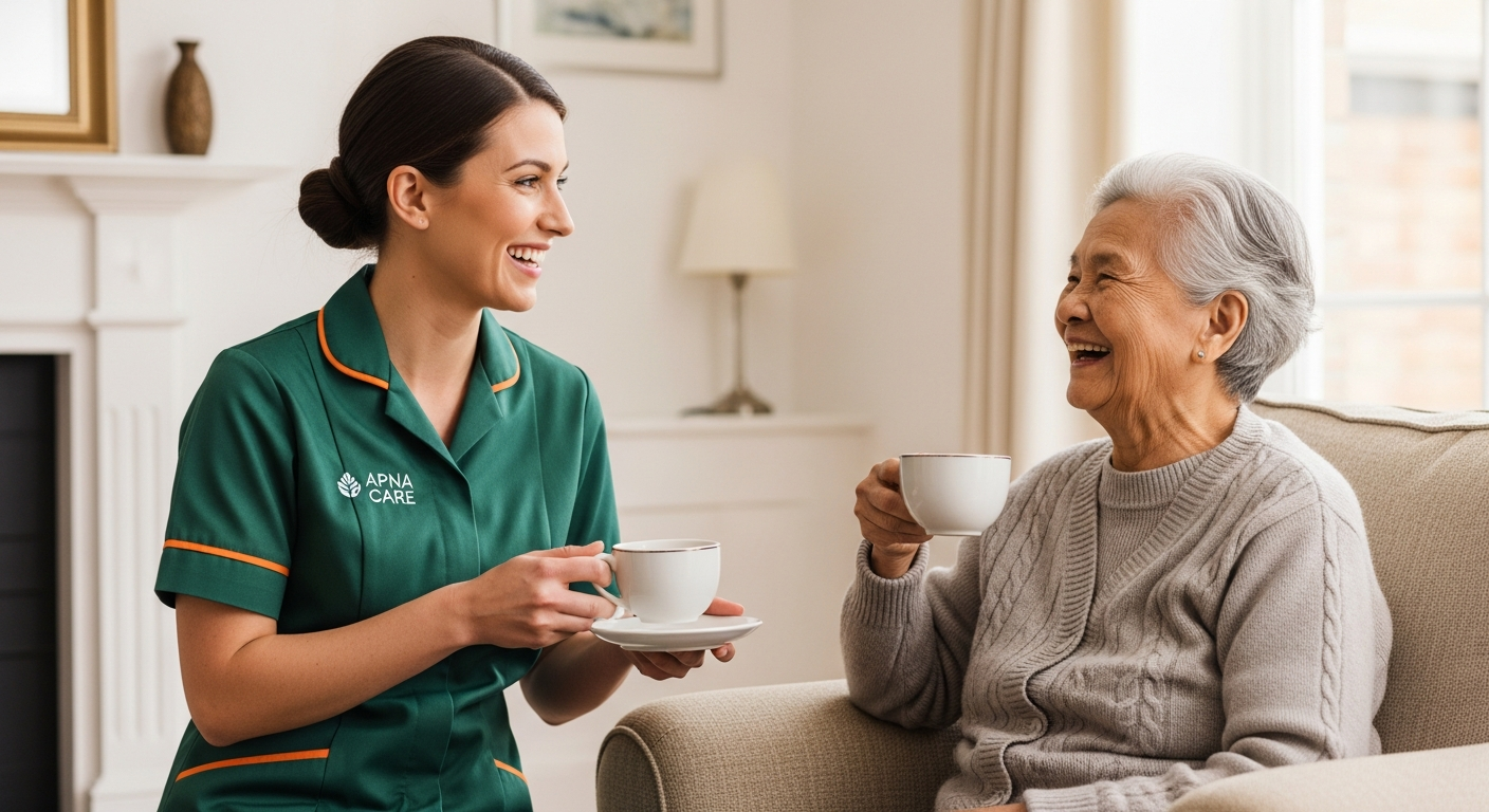 Apna Care trainer in branded uniform supporting a new care worker during training in Leicestershire