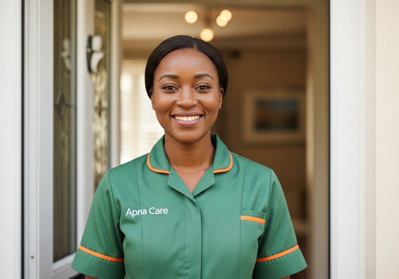 Apna Care care worker in branded uniform proud to be part of the team in Leicestershire
