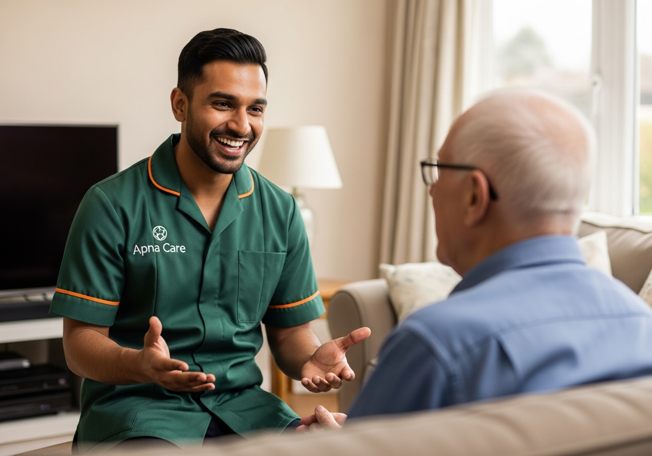 Apna Care companionship carer in branded uniform enjoying time with an elderly client at home