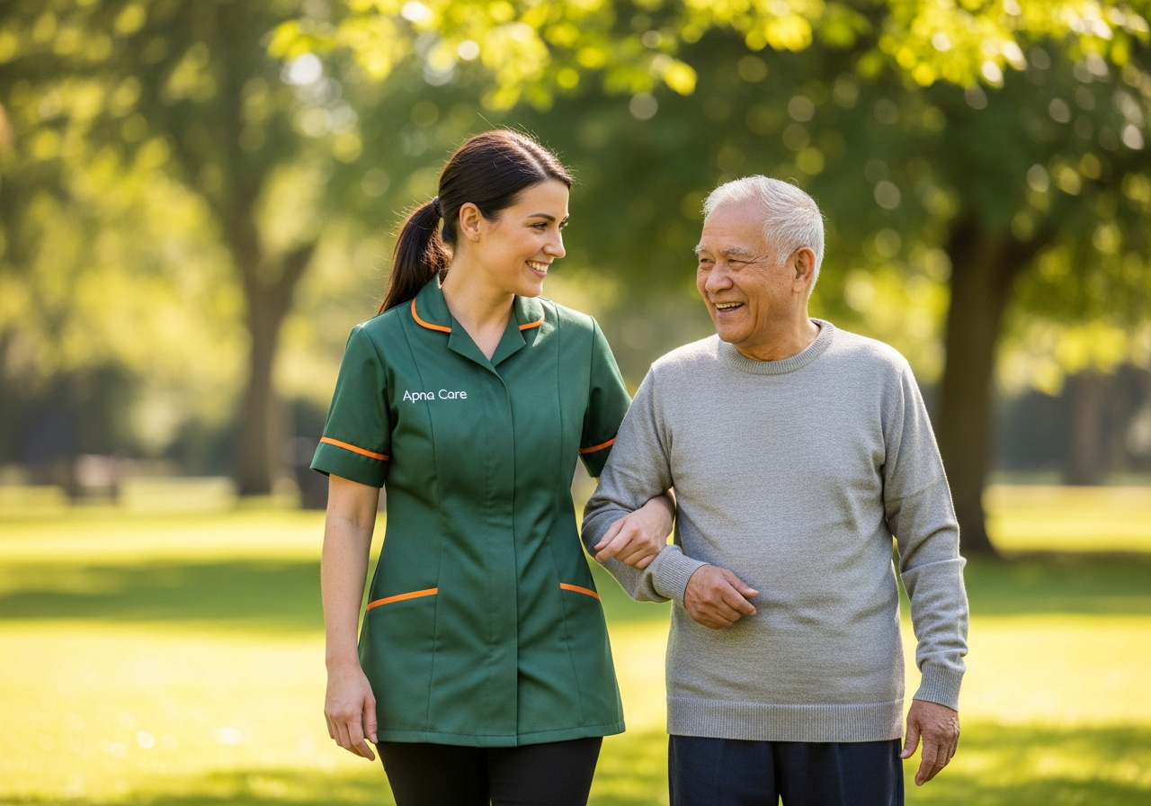 Apna Care companionship carer in branded uniform on a walk with an elderly client in a local park