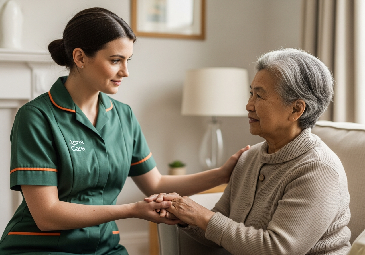 Apna Care dementia carer in branded uniform reassuring an elderly client at home