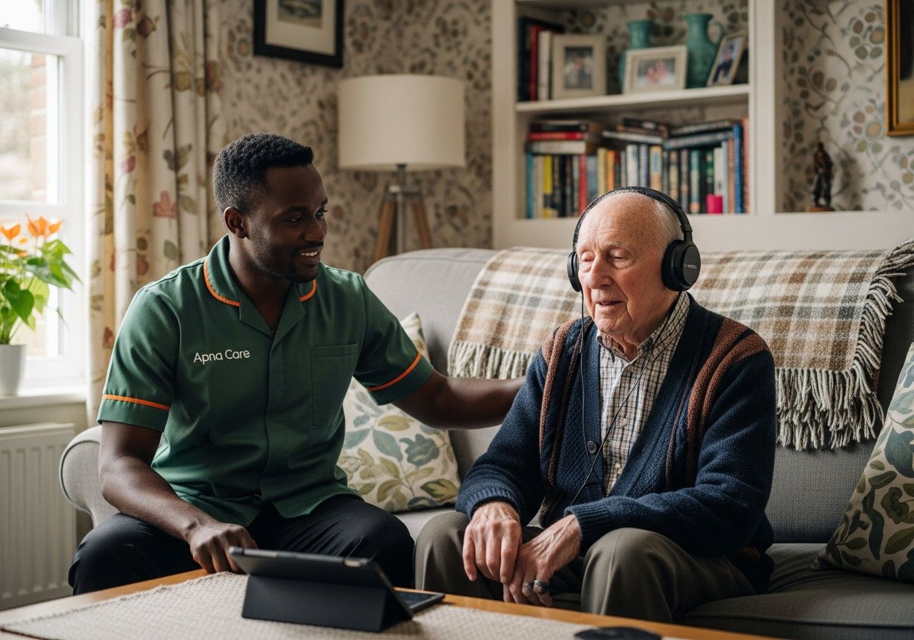 Apna Care dementia carer in branded uniform enjoying music with an elderly client at home