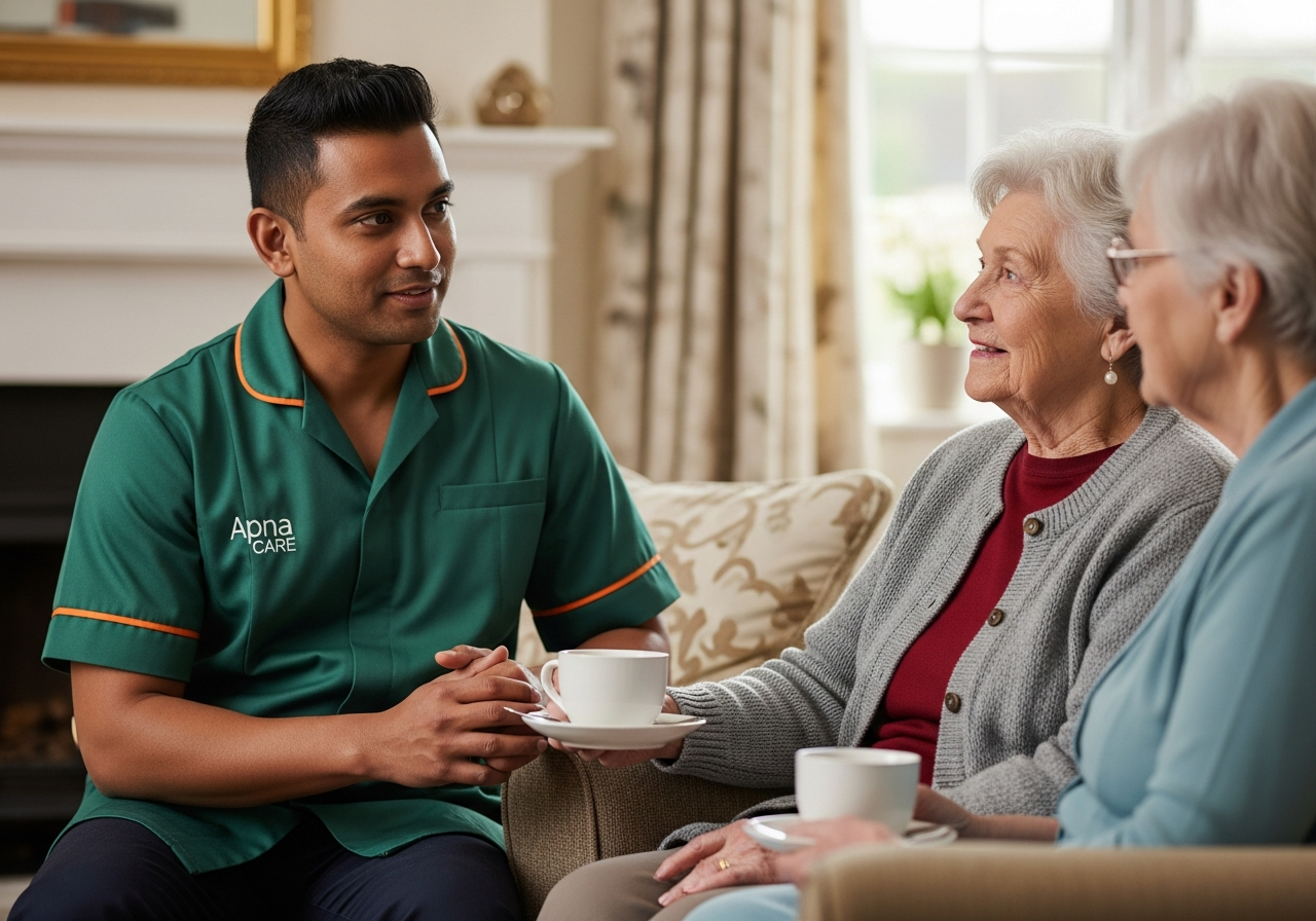 Apna Care dementia carer in branded uniform sharing a calm conversation with an elderly client at home
