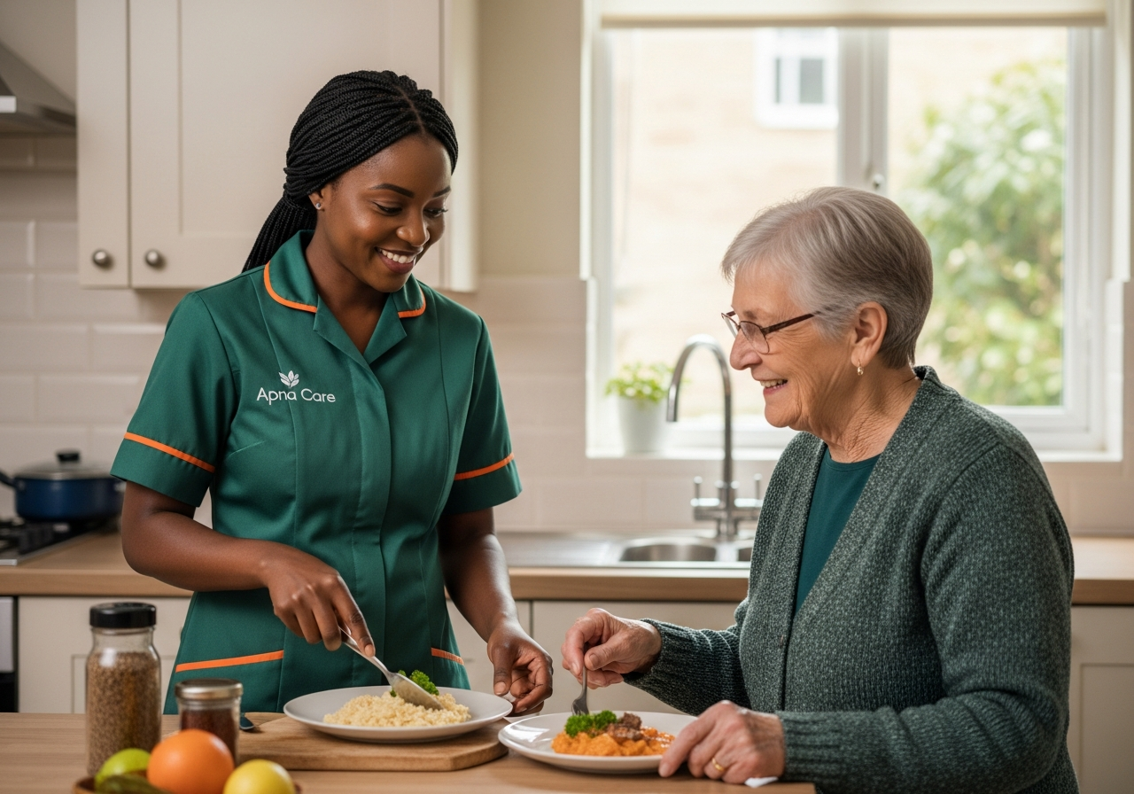 Apna Care carer in branded uniform cooking a meal with an elderly client at home in Leicestershire