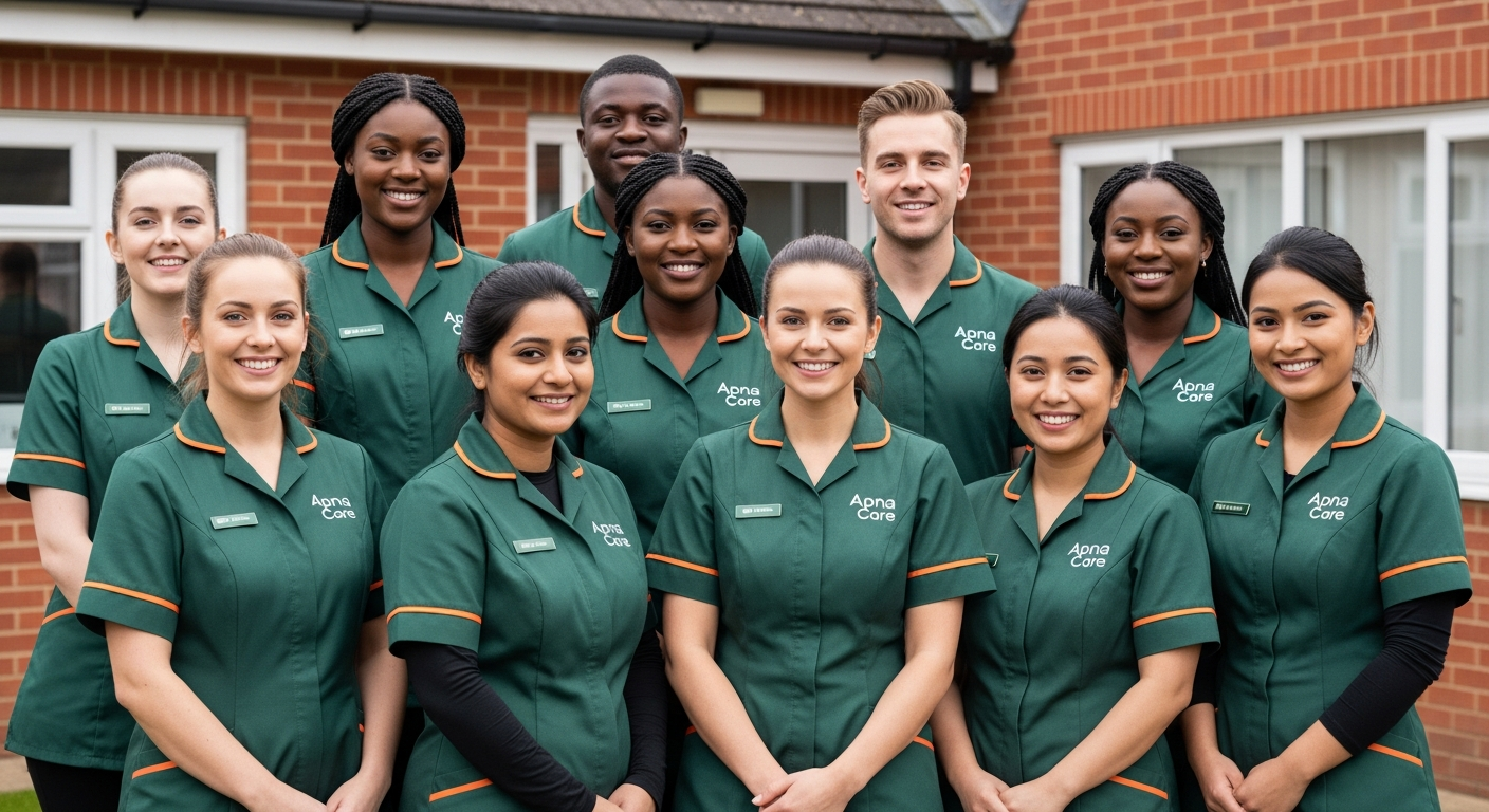 The diverse Apna Care team of carers in branded uniforms serving families across Leicestershire