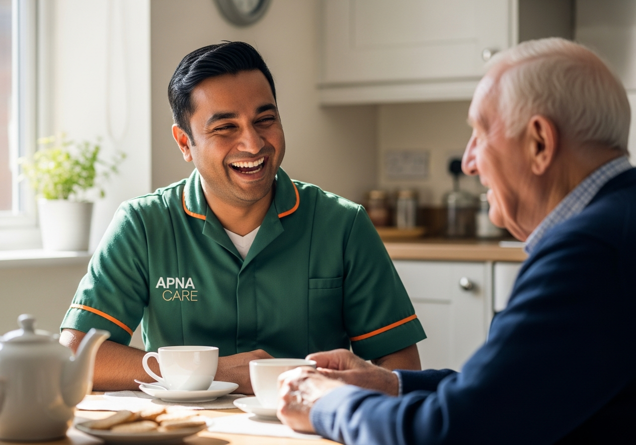 Apna Care carer in branded uniform sharing tea and conversation with an elderly client in Leicestershire