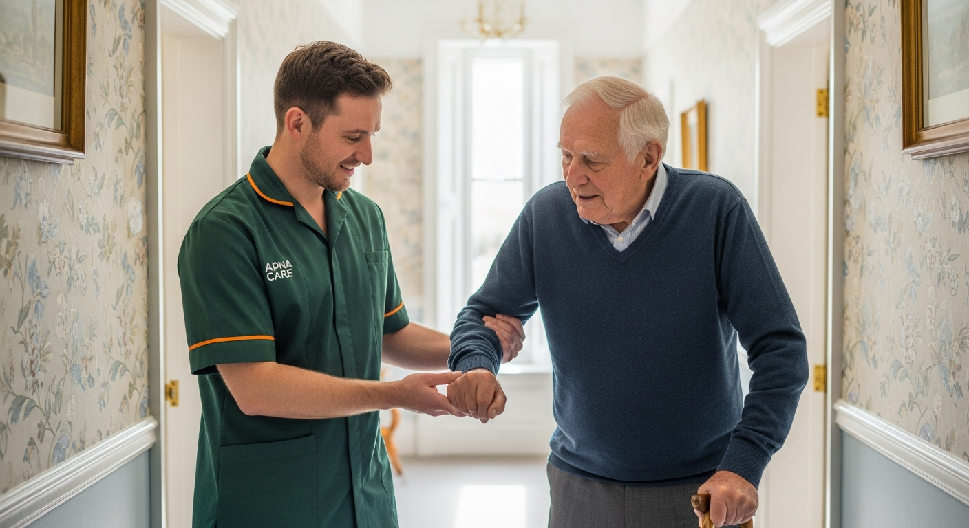 Apna Care carer in branded uniform helping an elderly man walk safely at home in Leicestershire