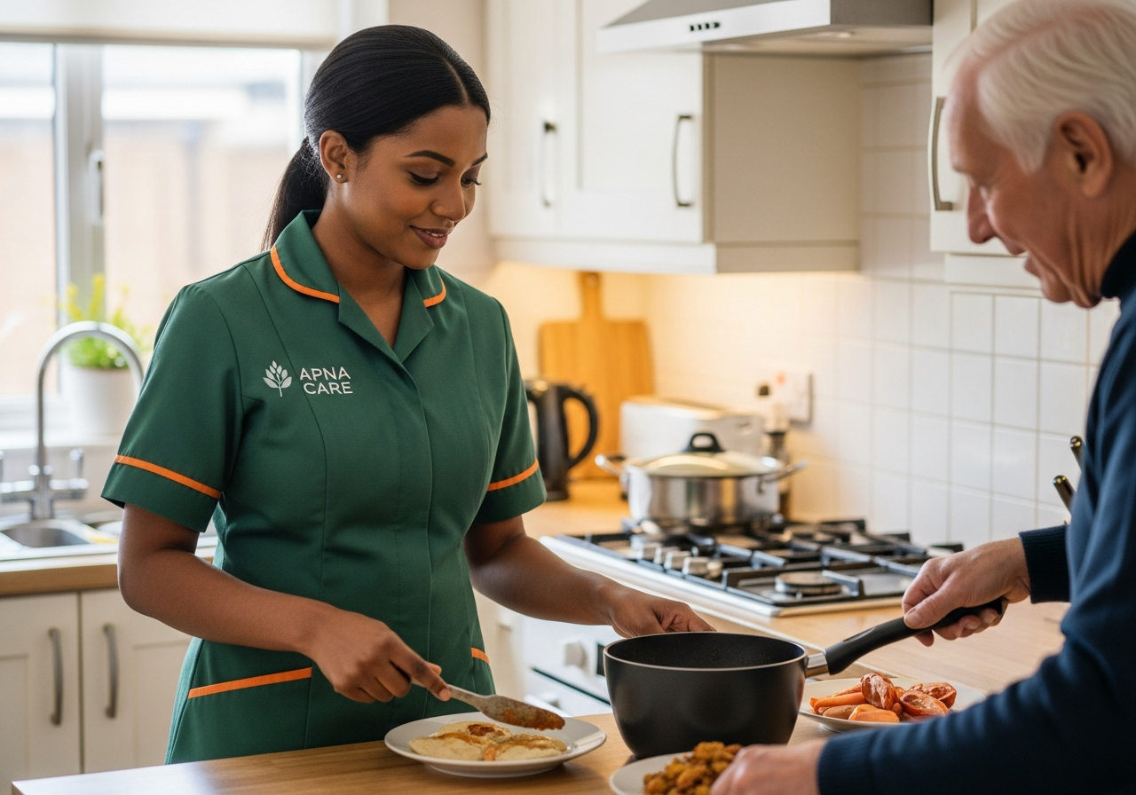 Apna Care live-in carer in branded uniform cooking a meal with an elderly client at home