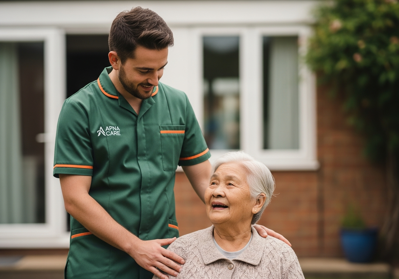 Apna Care live-in carer in branded uniform supporting an elderly client in her garden at home