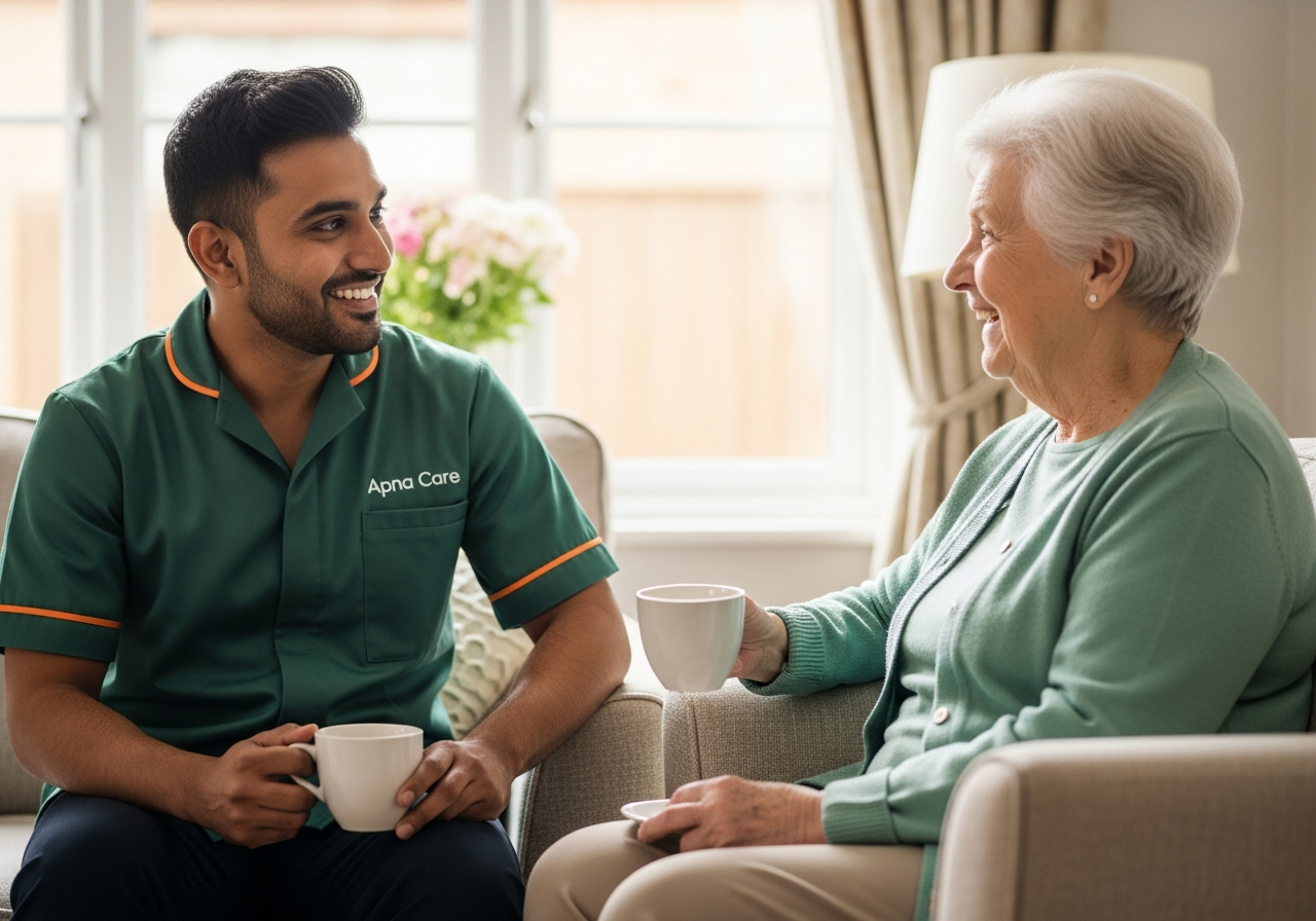 Apna Care live-in carer in branded uniform sharing tea and conversation with an elderly client at home