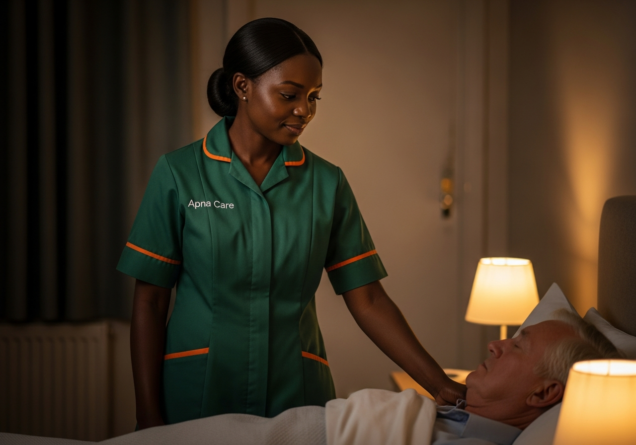 Apna Care night carer in branded uniform checking on a sleeping elderly client during overnight support