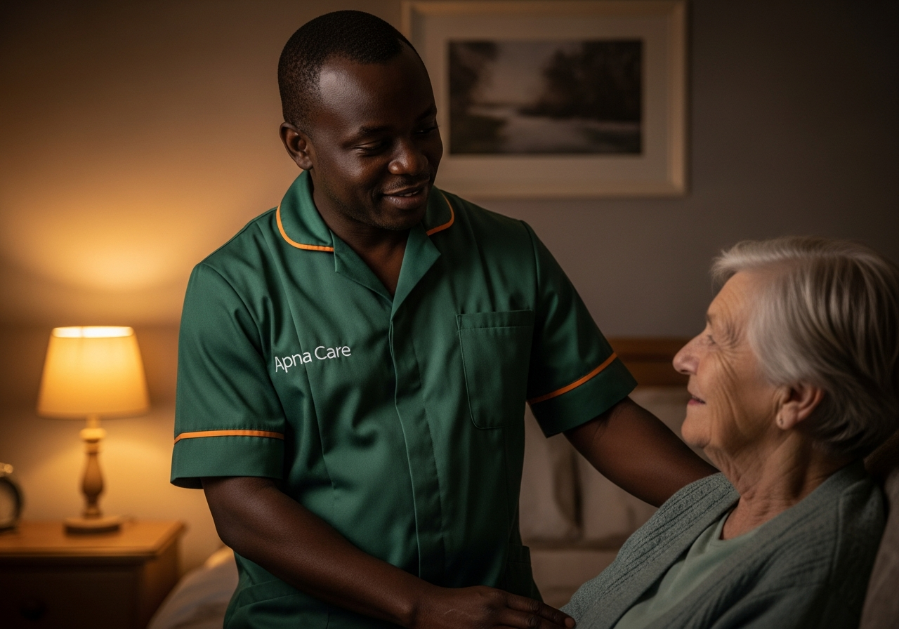 Apna Care night carer in branded uniform reassuring an elderly client during overnight support