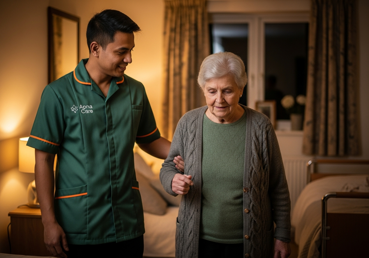 Apna Care night carer in branded uniform helping an elderly client walk safely at night