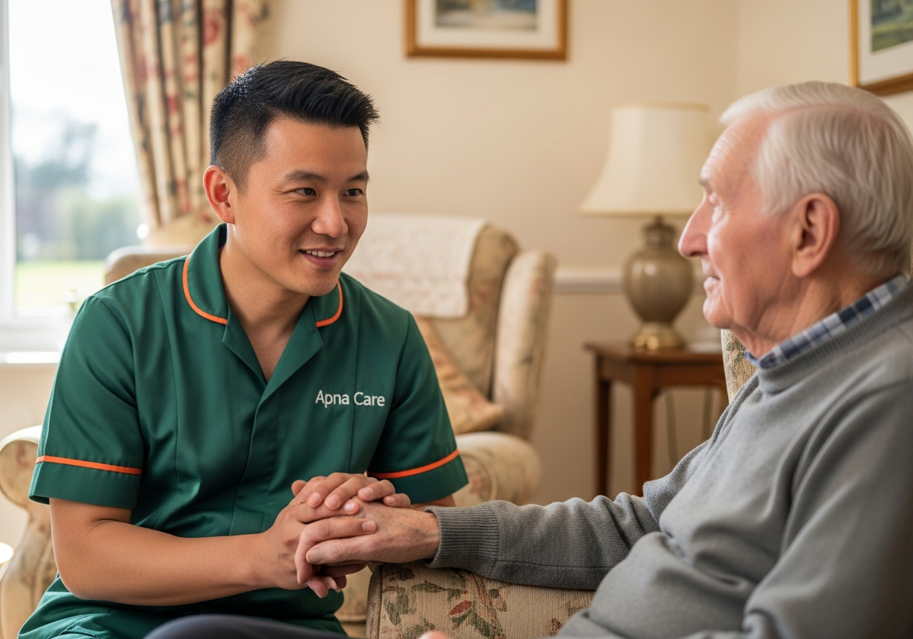 Apna Care personal carer in branded uniform reassuring an elderly client at home
