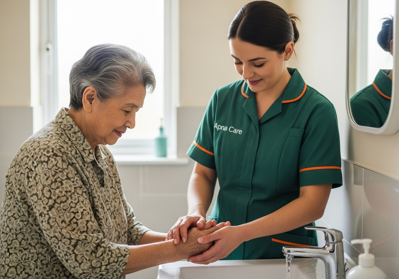 Apna Care personal carer in branded uniform supporting an elderly client with daily hygiene at home