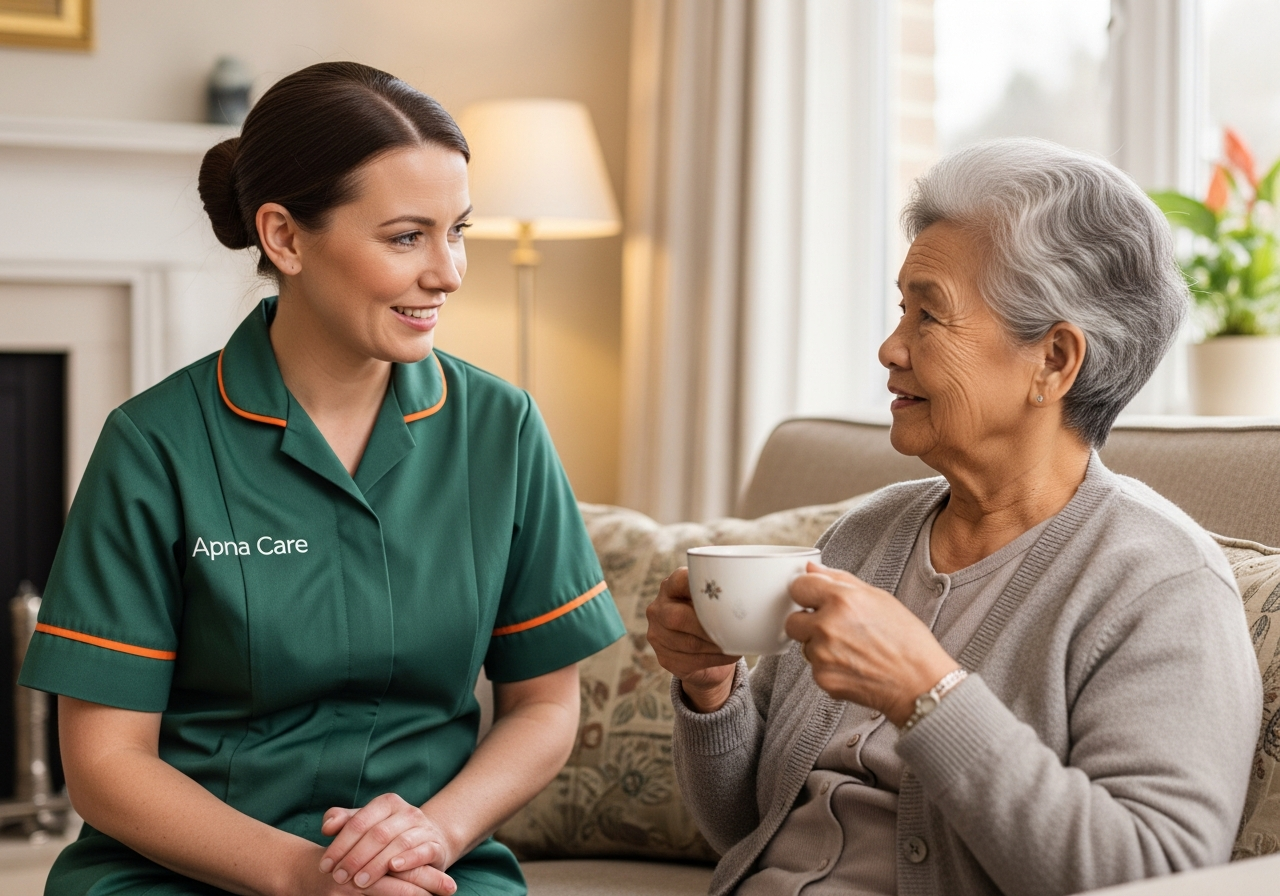 Apna Care respite carer in branded uniform keeping an elderly client comfortable at home