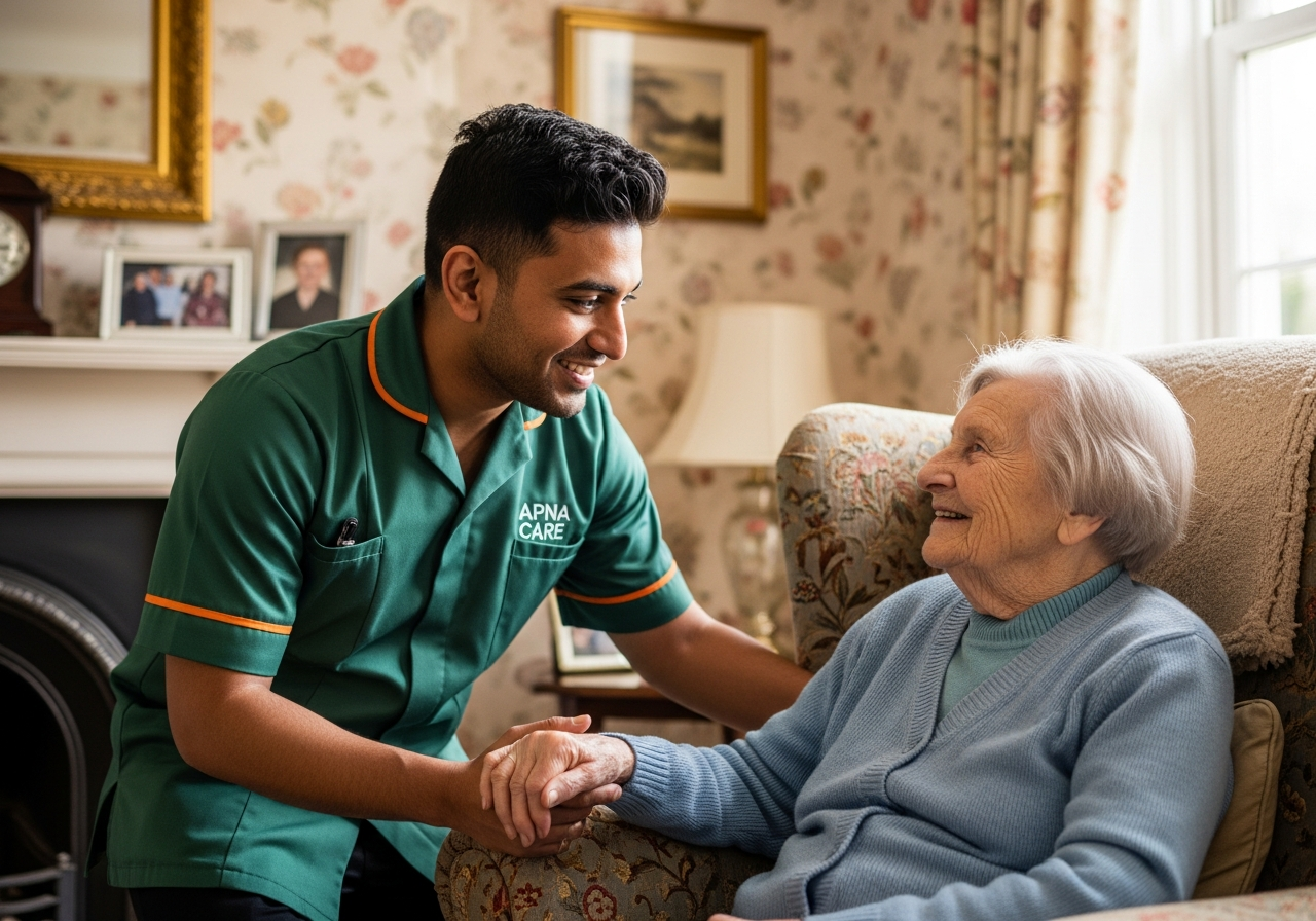 Apna Care respite carer in branded uniform sharing a warm moment with an elderly client at home