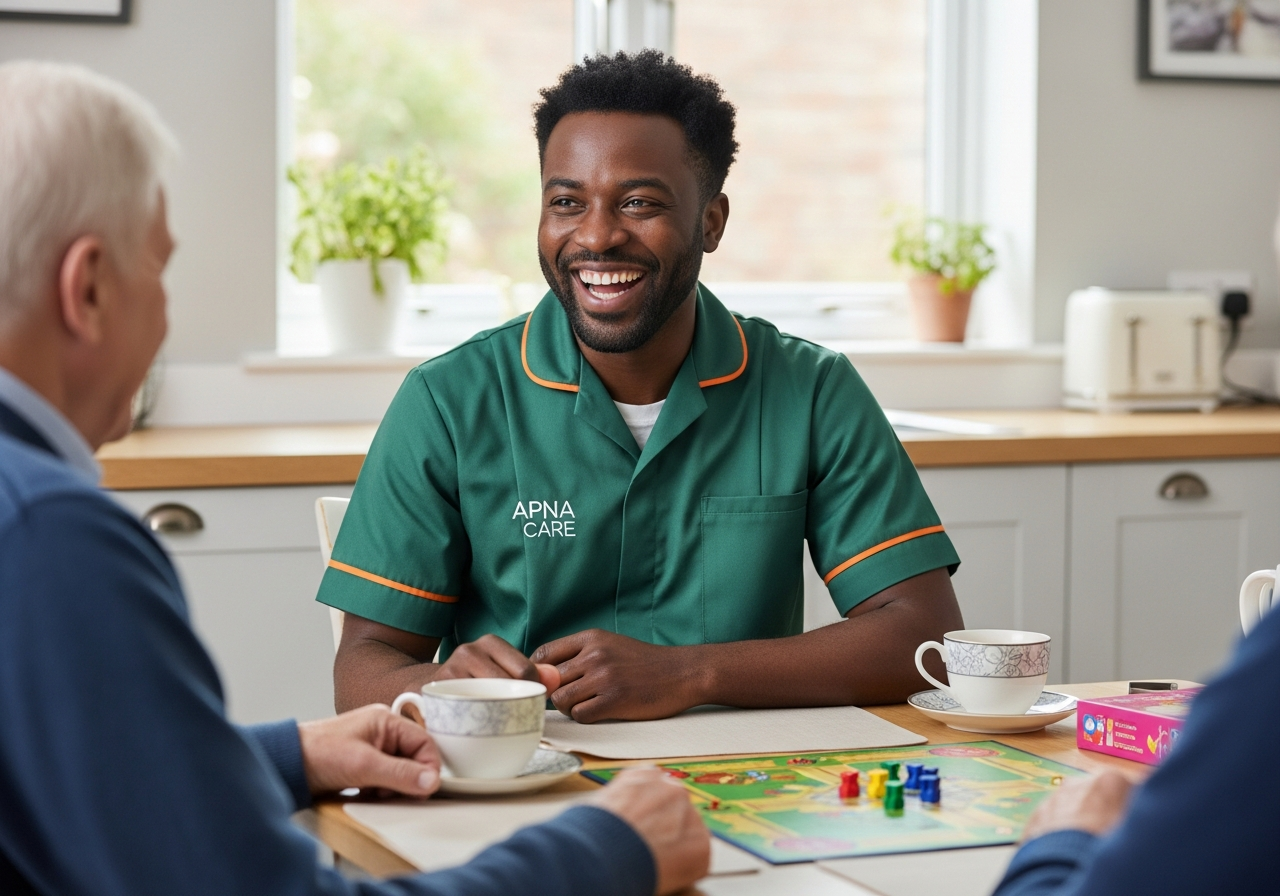 Apna Care companionship carer in branded uniform playing a game with an elderly client at home