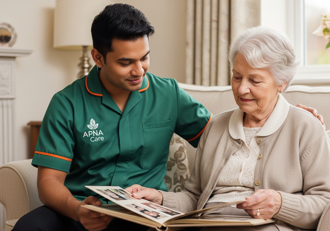 Apna Care dementia carer in branded uniform looking through a photo album with an elderly client