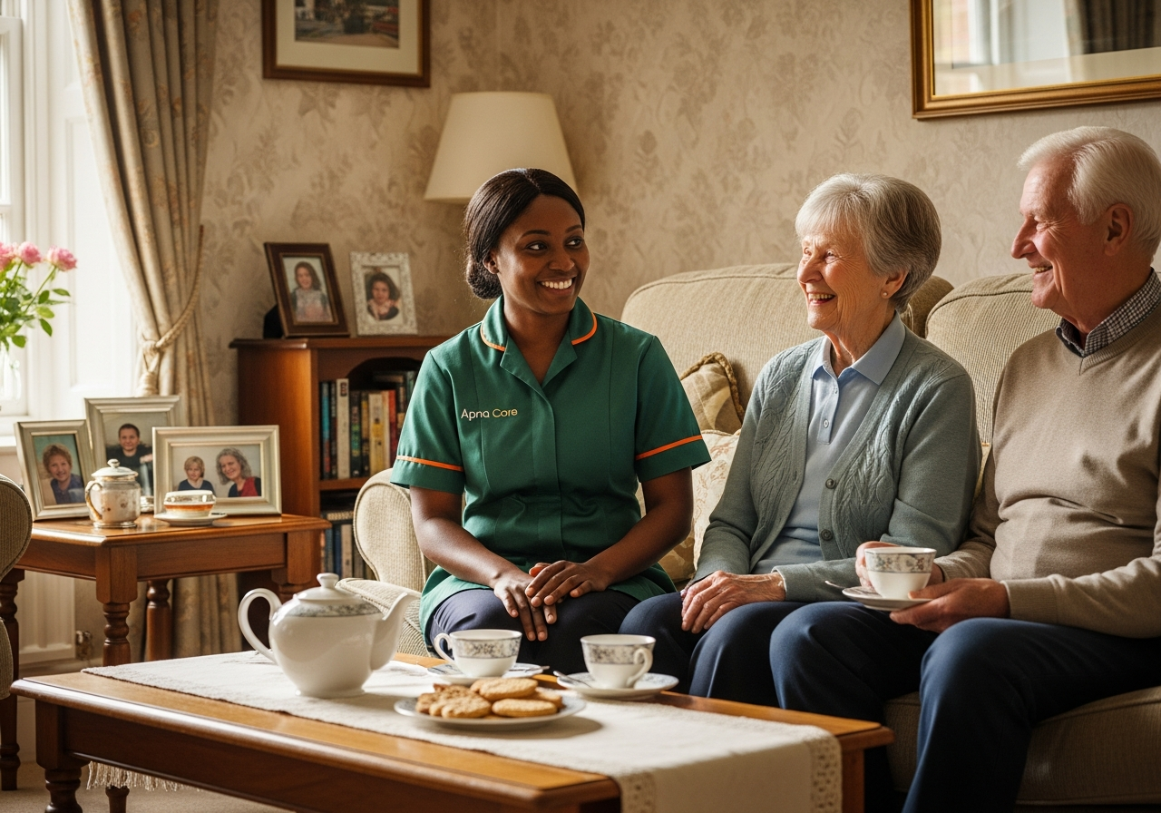 Apna Care live-in carer in branded uniform with an elderly couple at home in Leicestershire