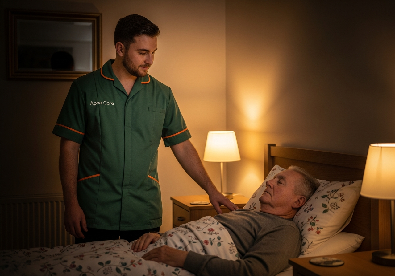 Apna Care night carer in branded uniform checking on an elderly client during overnight support