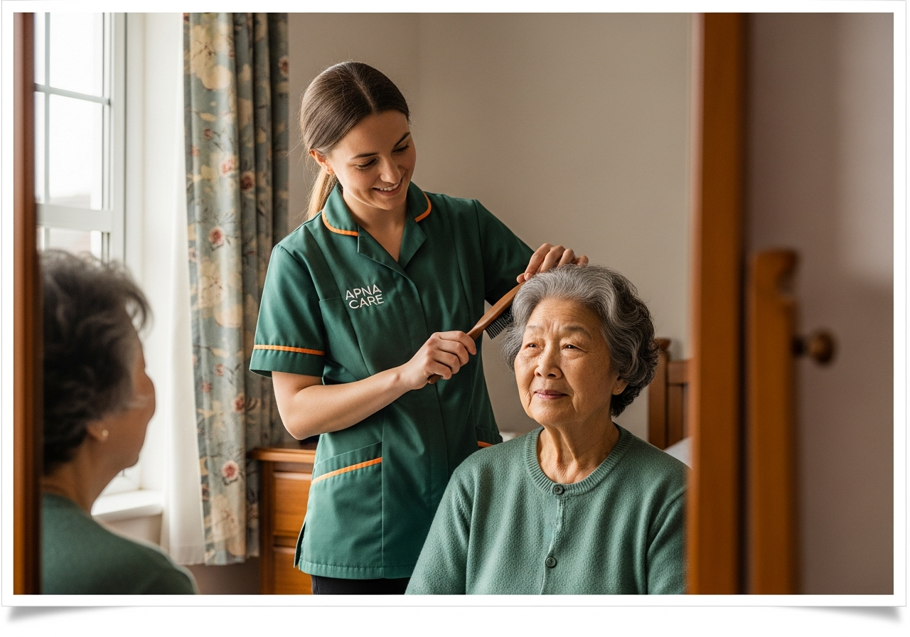 Apna Care carer in branded uniform providing dignified personal care for an elderly client