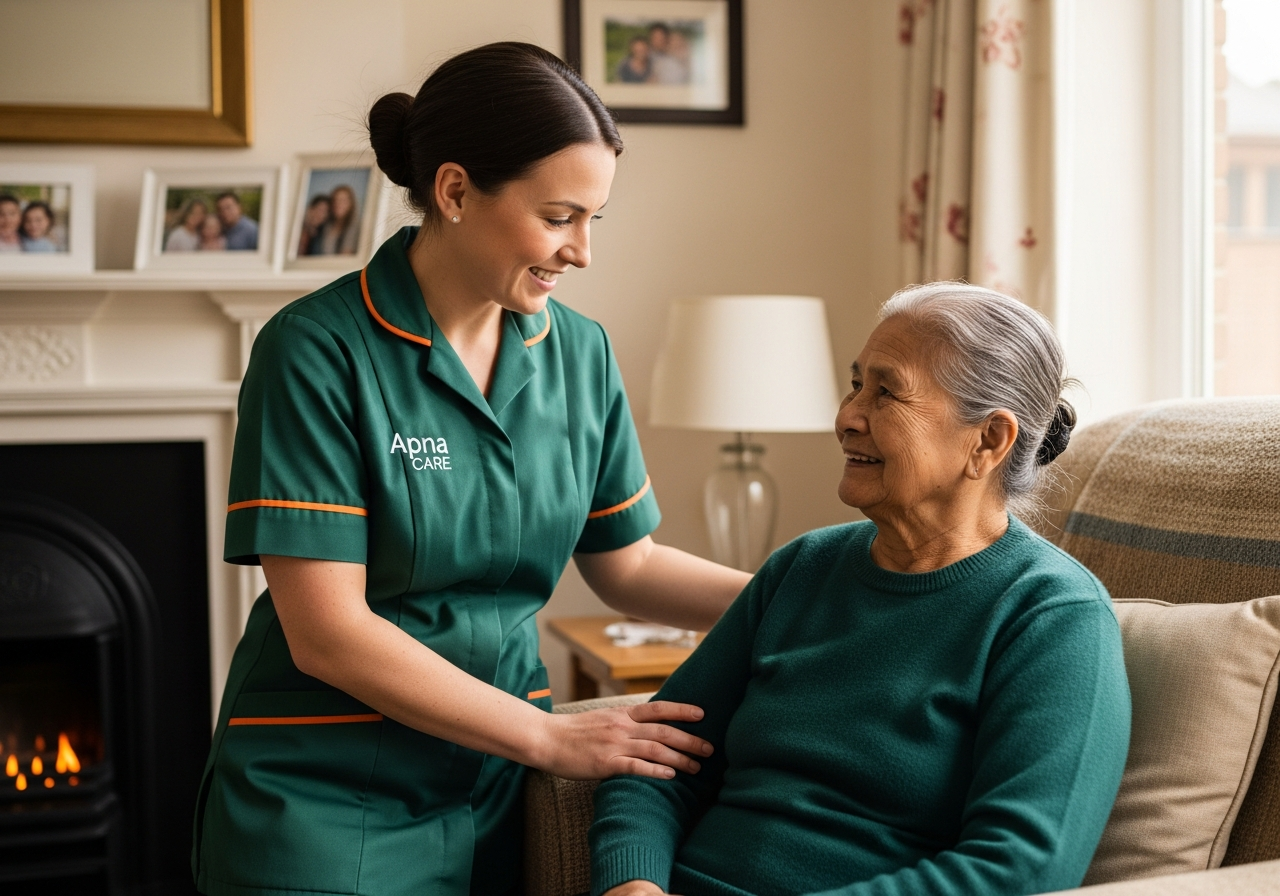 Apna Care respite carer in branded uniform providing short term support for an elderly client