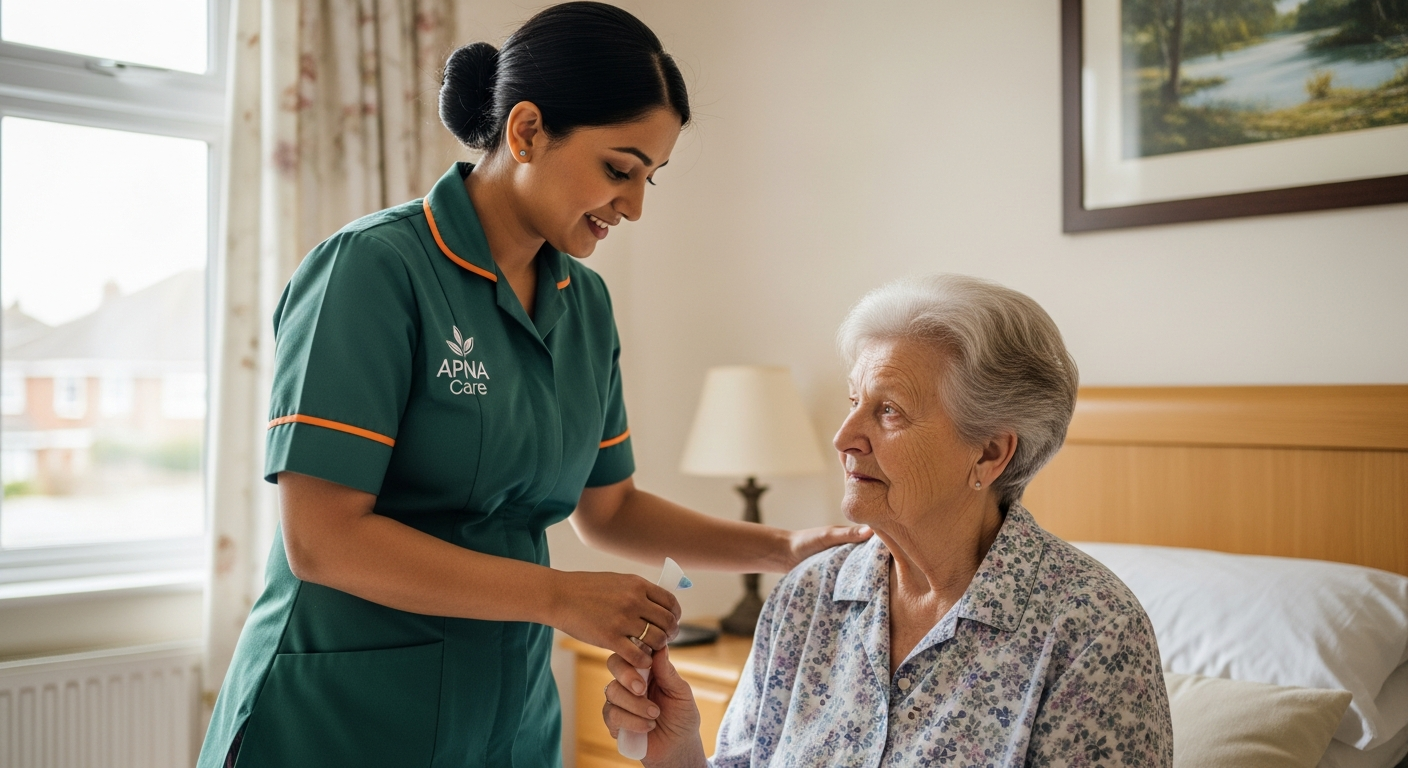 Apna Care visiting carer in branded uniform supporting an elderly client during a morning home visit