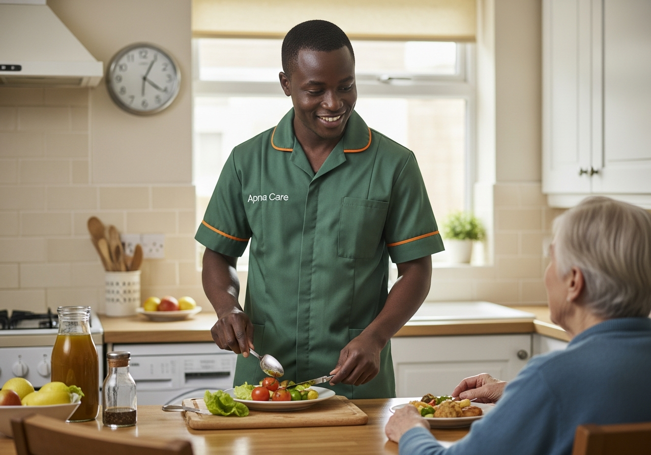 Apna Care visiting carer in branded uniform preparing a meal for an elderly client at home