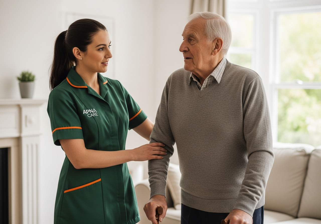 Apna Care visiting carer in branded uniform helping an elderly client stand safely at home