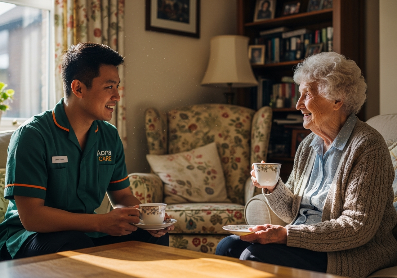 Apna Care visiting carer in branded uniform talking with an elderly client over tea at home